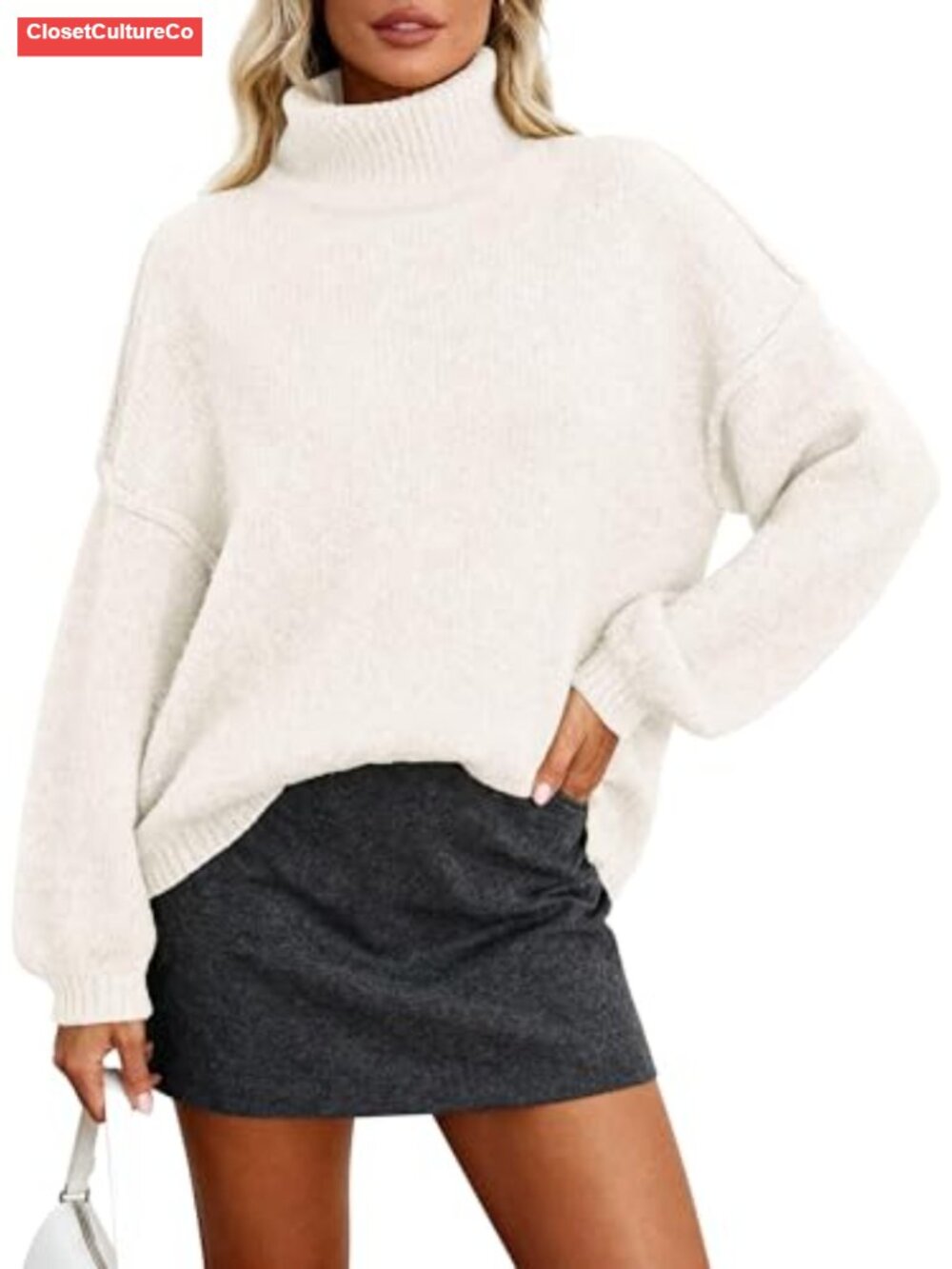 Oversized Chunky Knit Mock Neck Pullover Sweater Women